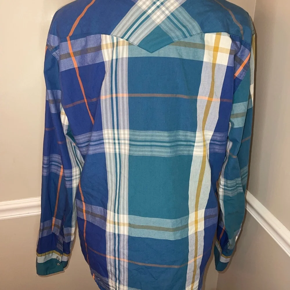 LEVIS Plaid WESTERN Shirt Mens Large L‎ Pearl Snaps Long Sleeve Blue